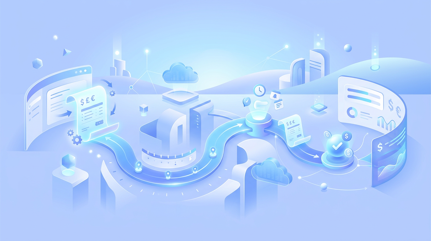 Invoicing and collections illustration, periwinkle blue tones