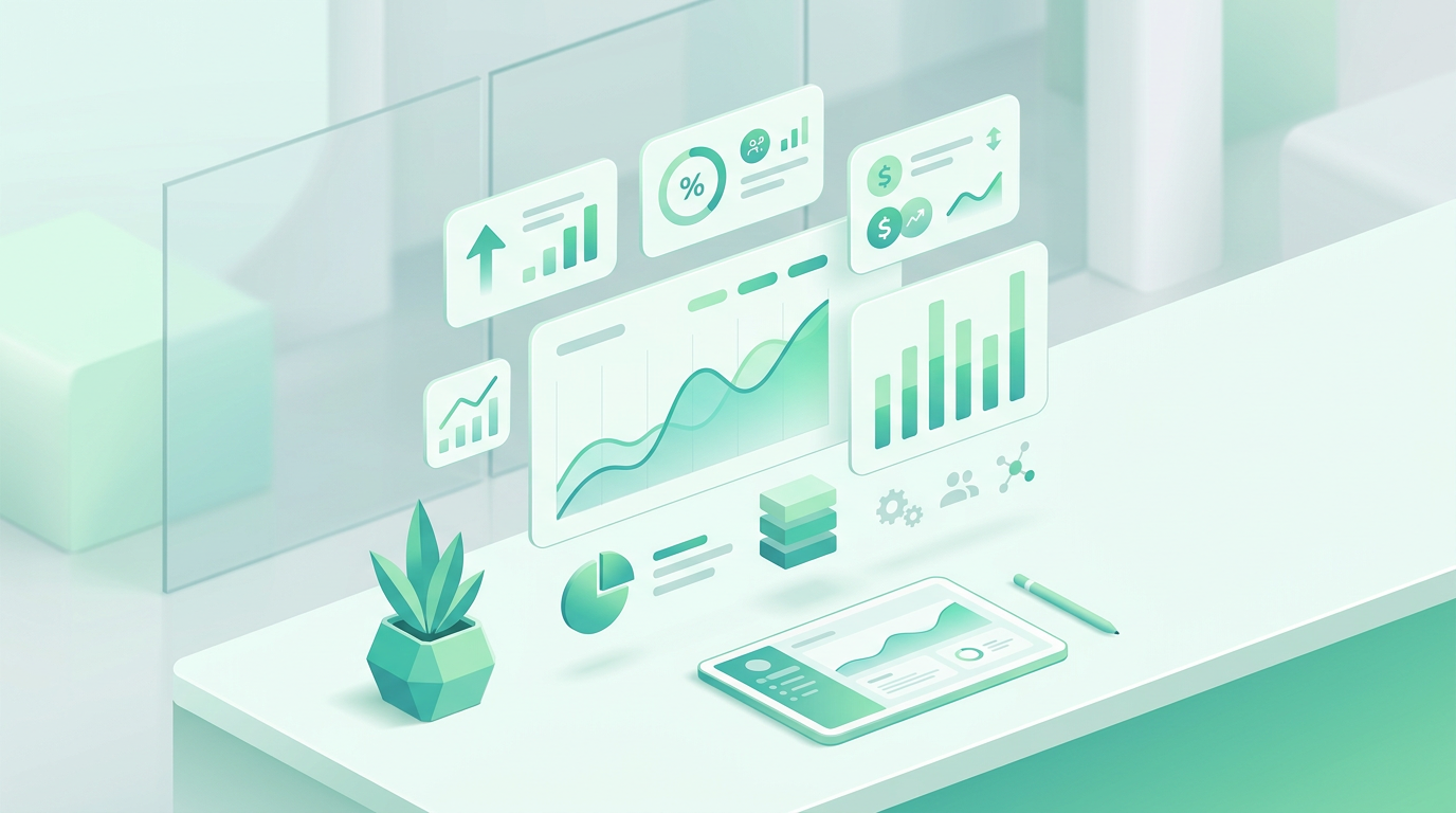 Financial analytics illustration, mint and teal tones